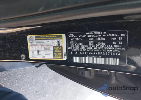 2015 Kia Optima Lx z USA, uszkodzony, nr VIN 5XXGM4A78FG476414